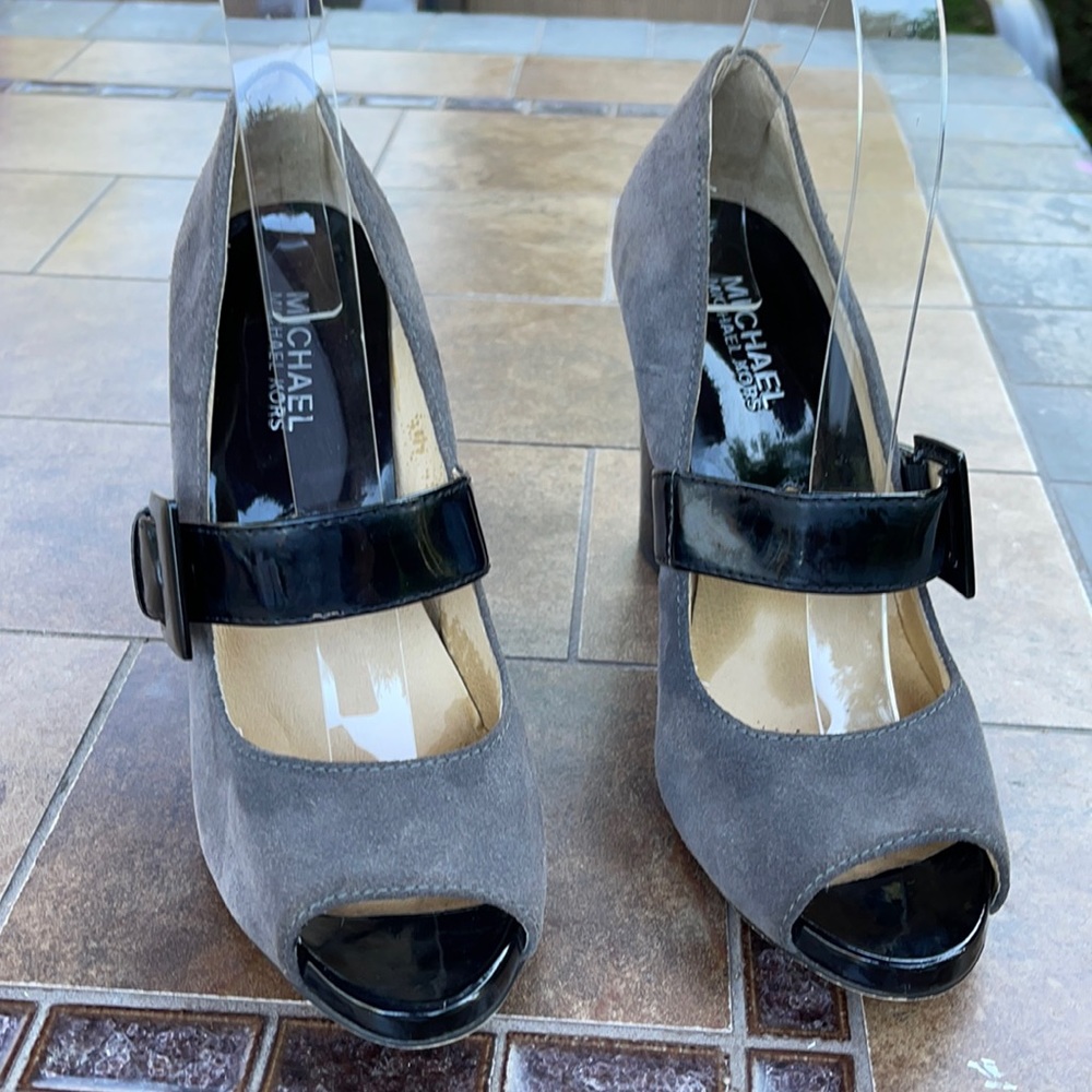 MICHAEL Michael Kors Open Toe Grey and Black Chunky Heels